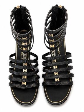 Report Signature Meliza Black Gladiator Wedge Sandals Gold Studs Size 8